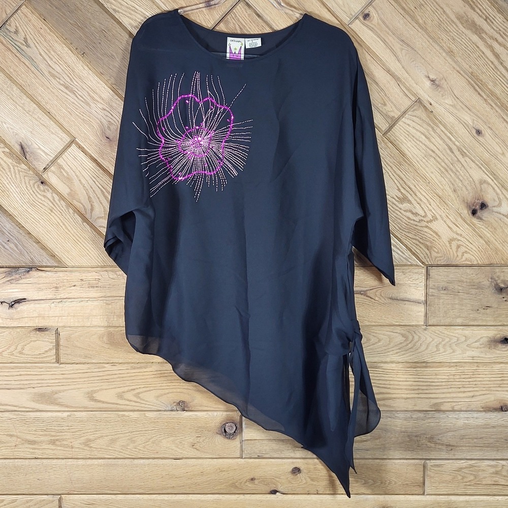 Original Anthony Blouse Womens Large Asymmetrical Sequin Floral Sheer Black